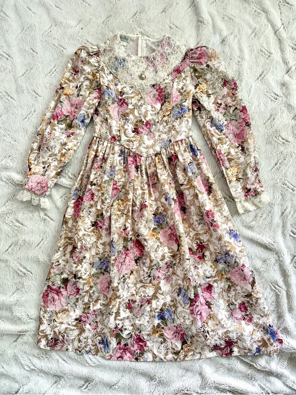 Vintage 80s/90s Rare Edition Floral Prairie Dress Metallic Jacquard Lace Collar